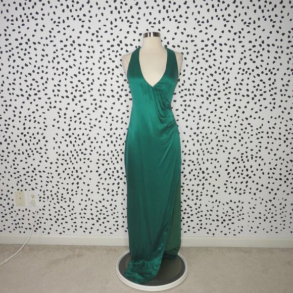 NBD Kelly Green Satin Beverly Blvd Deep V-Neck Evening Dress - Picture 4 of 12